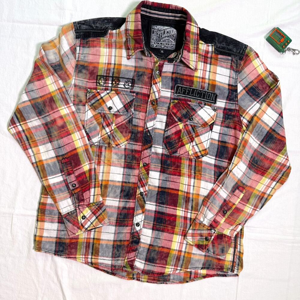 Affliction Black Premium Grunge Biker Plaid Snap Button Shirt - XL